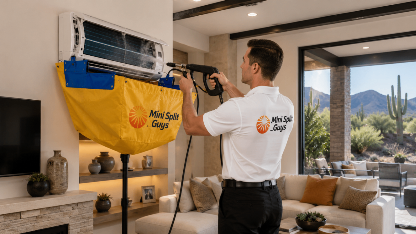 Mini Split Guys technician performing deep clean with branded cleaning bag and pressure wand — Arizona home