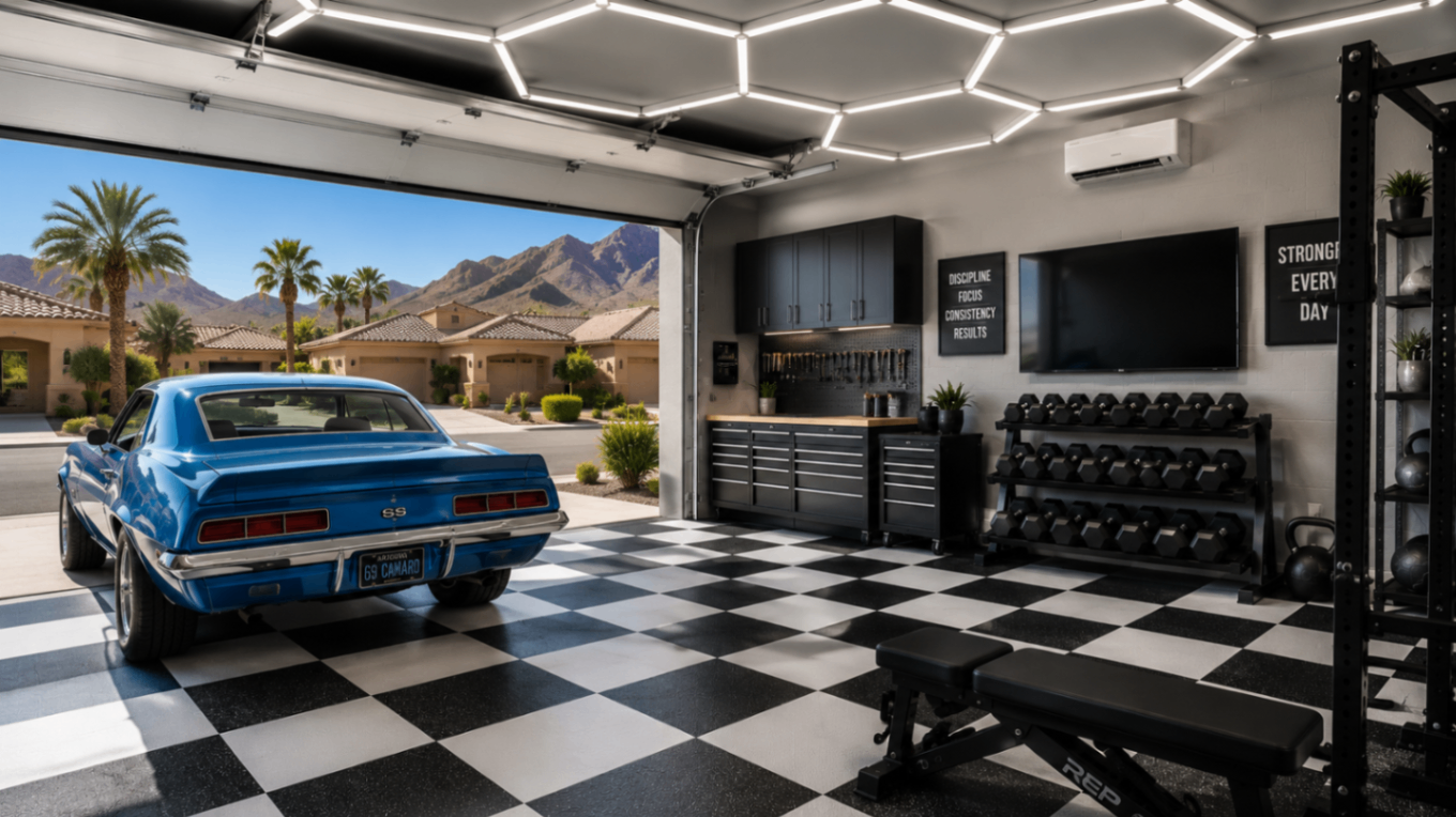 Arizona garage gym with mini split on wall, 69 Camaro SS, hex lighting and gym equipment — Phoenix Arizona