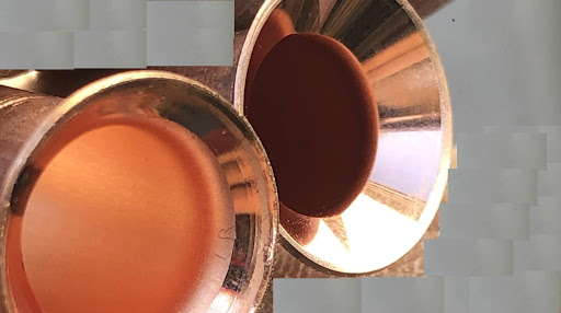 Side-by-side comparison of factory flare (left) vs Mini Split Guys precision flare (right) — refrigerant line connection quality